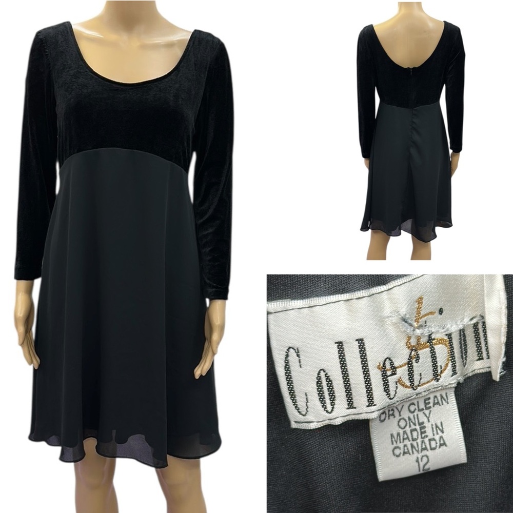 Vintage JS Collection Velvet Bodice 3 Quarter Sleeve Midi Dress Womens 12
